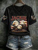V Neck Retro Jackie The Bald Eagle Print T-Shirt