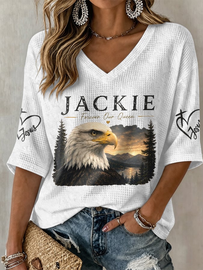 V-Neck Retro Jackie Forever Our Queen Print T-Shirt