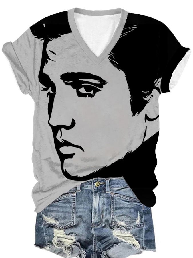 Women's Retro Music Star Print V-Neck T-Shirt