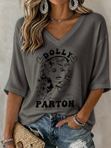 V-Neck Retro Dolly Print T-Shirt