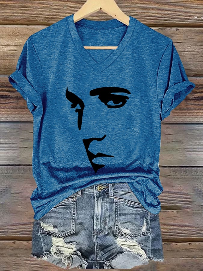 V-neck Retro King Of Rock Roll Print T-Shirt