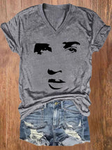 V-neck Retro King Of Rock Roll Print T-Shirt