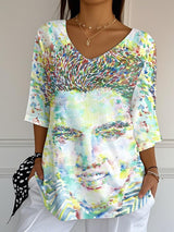 Women's Retro King Of Rock Roll Print Mid Sleeve T-Shirt