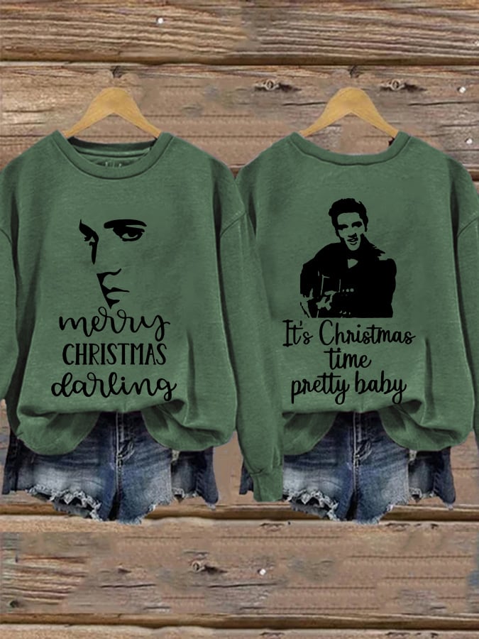 Retro King Of Rock Roll Merry Christmas Print Sweatshirt