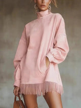 Women's High Neck Oversized Fringe Sweatshirt Dress with Side Pockets