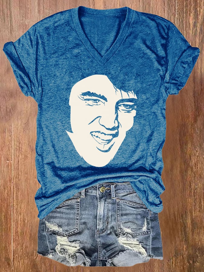 V-neck Retro King Of Rock Roll Print T-Shirt