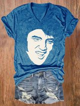 V-neck Retro King Of Rock Roll Print T-Shirt
