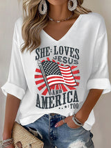 V-Neck She loves JESUS and AMERICA Printed T-Shirt