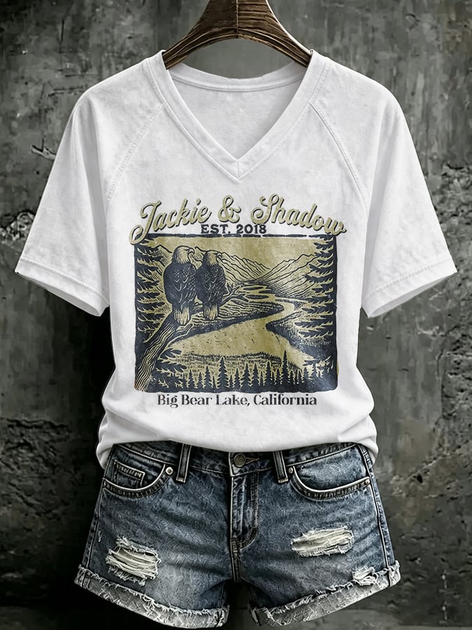 V Neck Retro Jackie & Shadow Est. 2018 Big Bear Lake, California Print T-Shirt