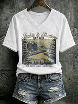 V Neck Retro Jackie & Shadow Est. 2018 Big Bear Lake, California Print T-Shirt