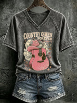 V Neck Retro Country Queen Forever Rhinestone Soul Print T-Shirt