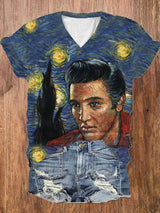 Women's Fun Vintage Oil Painting Silhouettes Print V-Neck T-Shirt