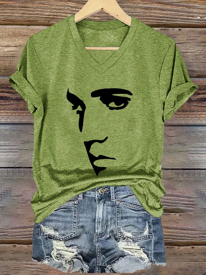 V-neck Retro King Of Rock Roll Print T-Shirt