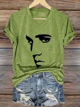 V-neck Retro King Of Rock Roll Print T-Shirt