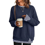 Women Crew Neck Fake Two Piece Striped Patchwork Drop Shoulder Oversized Sweatshirt