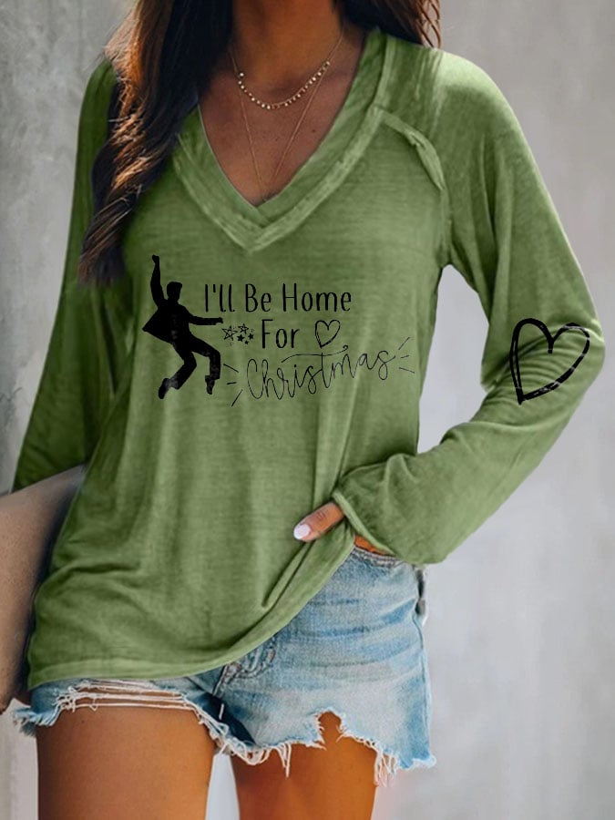 King Of Rock Roll I'll  Be Home For Christmas V-neck Print T-Shirt