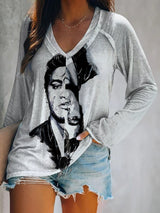 V-neck Retro King Of Rock Roll Print T-Shirt