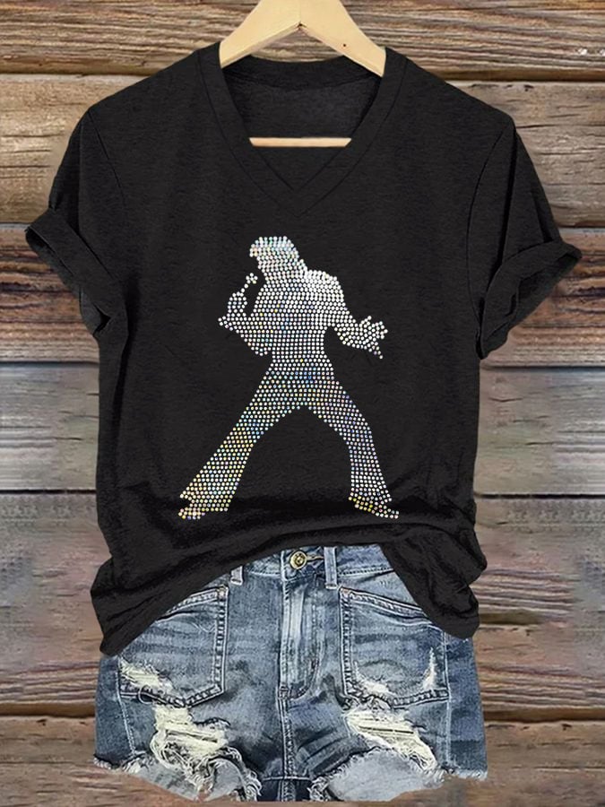 V-neck Retro King Of Rock Roll Print T-Shirt