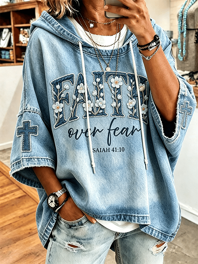 ”Faith Over Fear“ Retro Faith Pattern Hooded Short-Sleeve T-Shirt