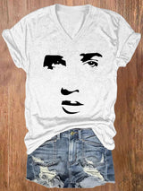 V-neck Retro King Of Rock Roll Print T-Shirt