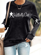 Retro King Of Rock Roll The Hillbilly Cat Print Sweatshirt