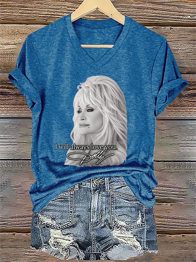 V-Neck Retro I Will Always Love You Print T-Shirt