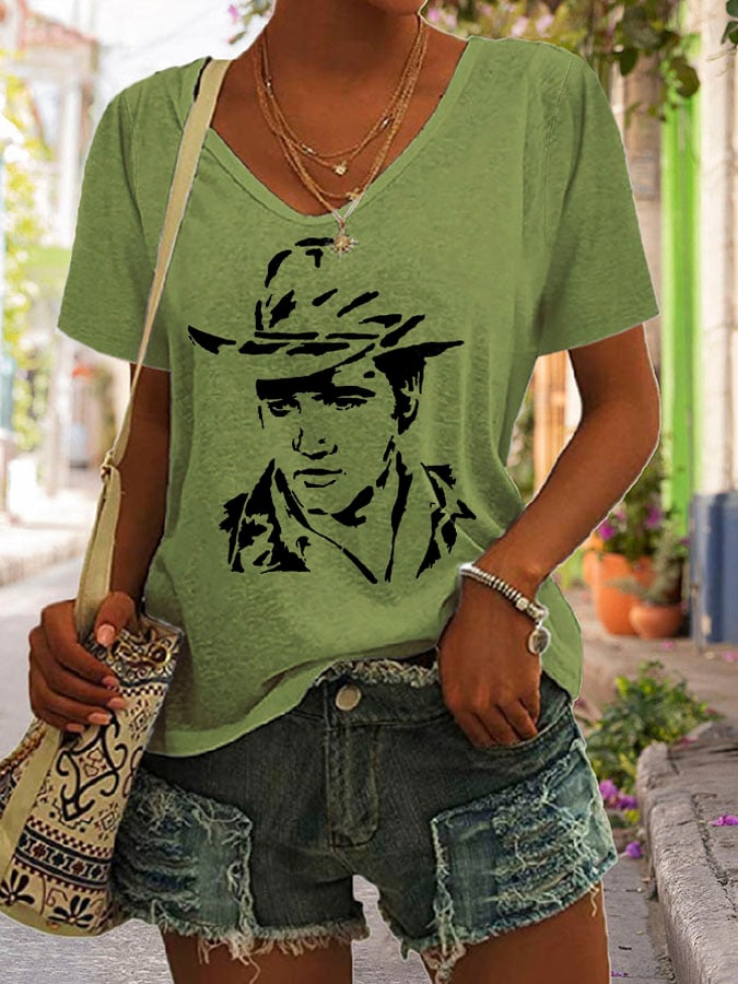 Women's The King Print V Neck Casual T-Shirt