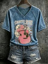 V Neck Retro Country Queen Forever Rhinestone Soul Print T-Shirt
