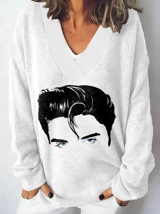 V-Neck Retro King Of Rock Roll Print Sweater