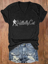 V-neck The Hillbilly Cat Print T-Shirt