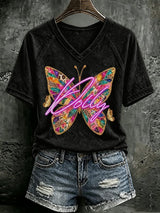 V Neck Retro Butterfly Dolly Queen Of Country Print T-Shirt