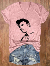 V-neck Retro King Of Rock Roll Print T-Shirt