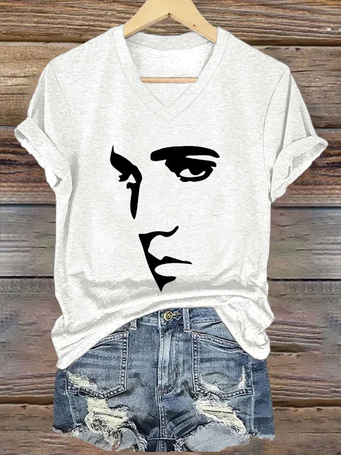 V-neck Retro King Of Rock Roll Print T-Shirt