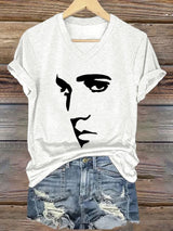 V-neck Retro King Of Rock Roll Print T-Shirt