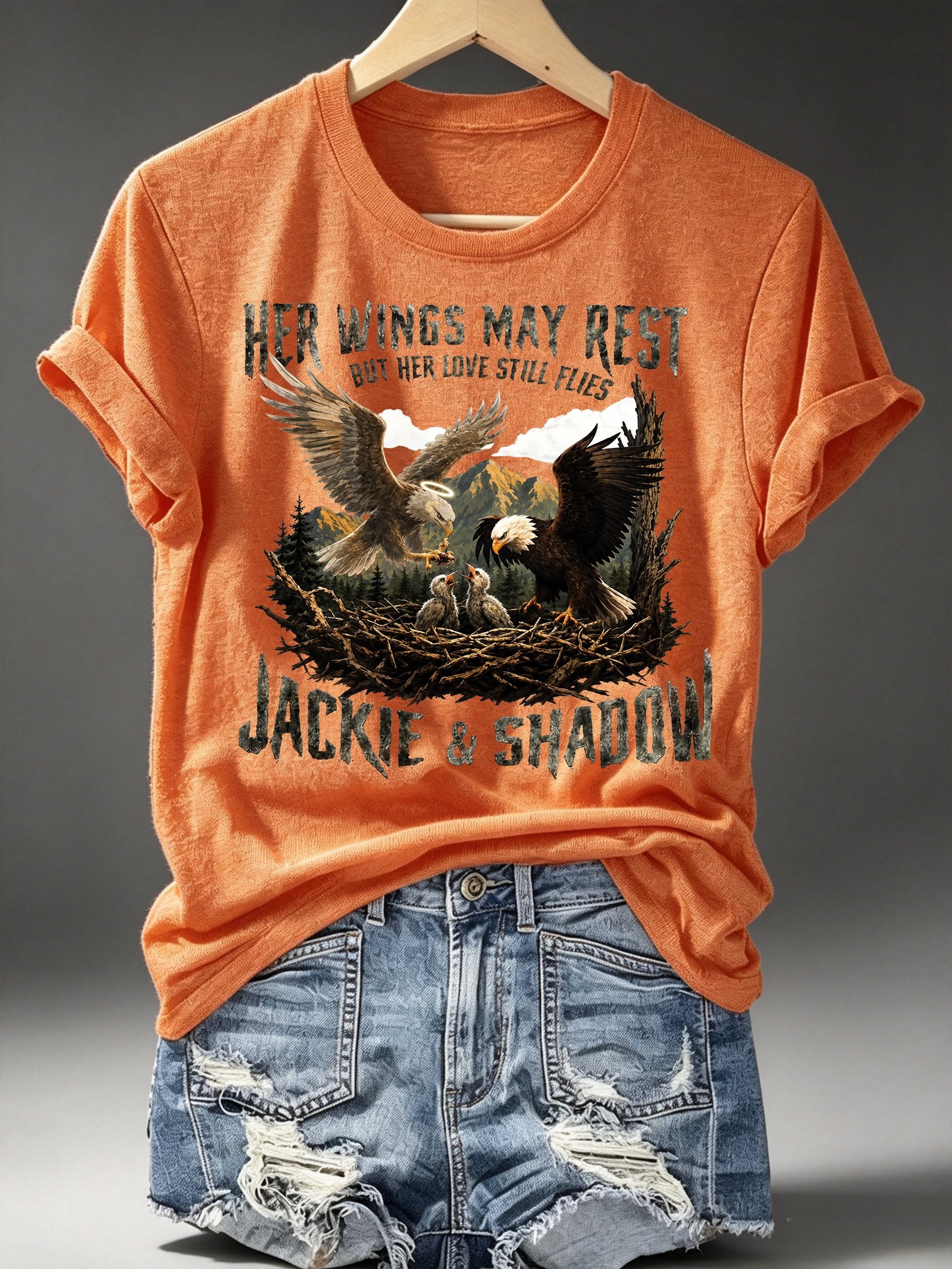 Women's HER WINGS MAY REST Print Crew-Neck T-Shirt