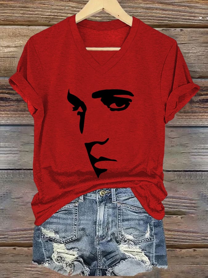 V-neck Retro King Of Rock Roll Print T-Shirt