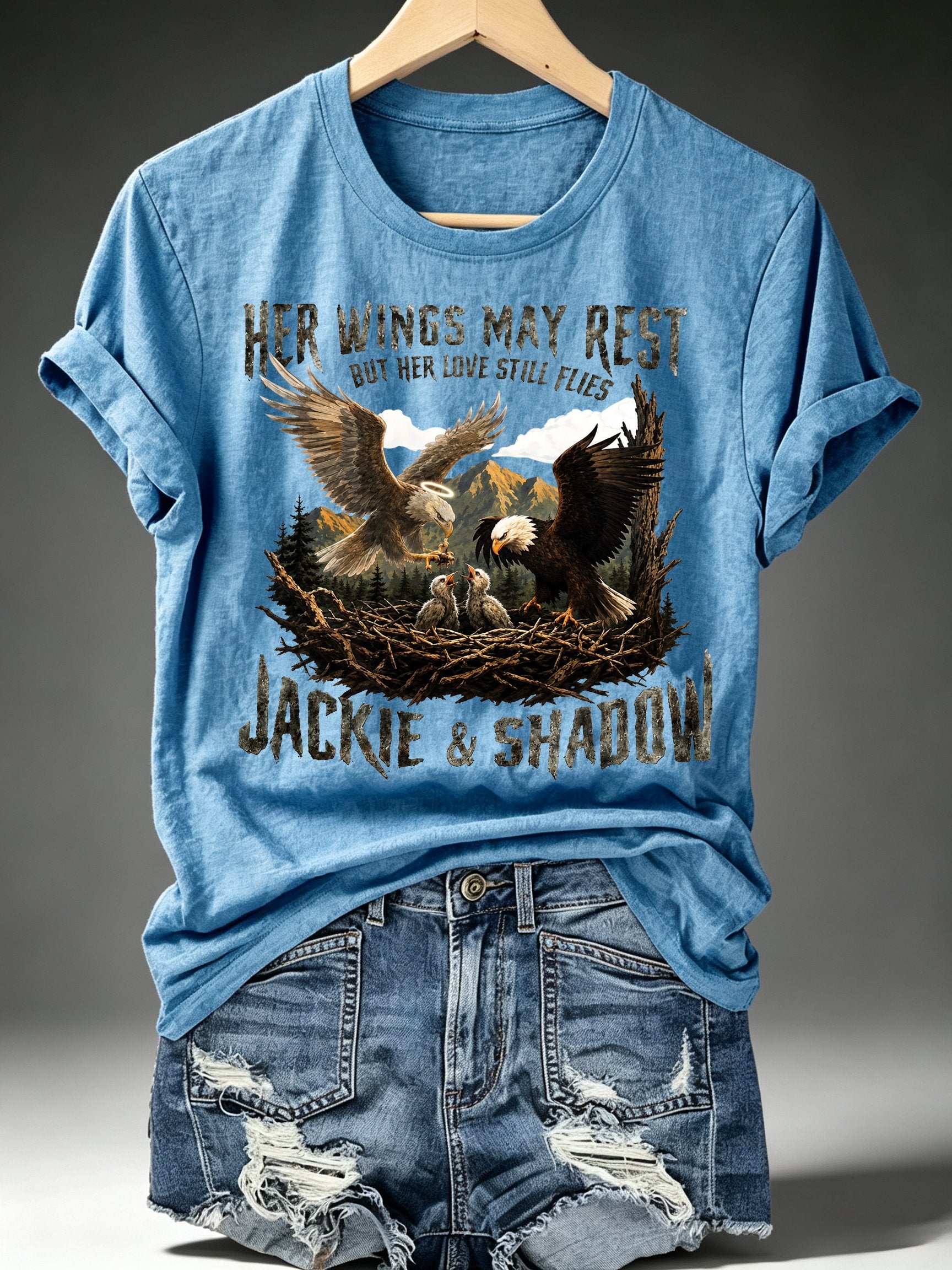 Women's HER WINGS MAY REST Print Crew-Neck T-Shirt