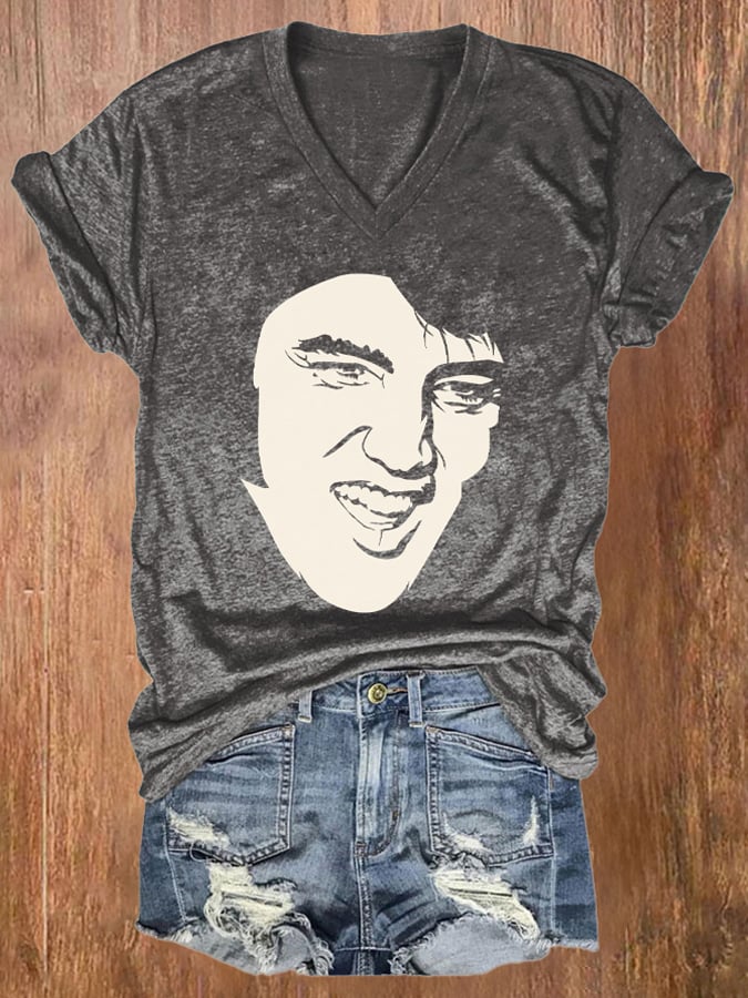 V-neck Retro King Of Rock Roll Print T-Shirt
