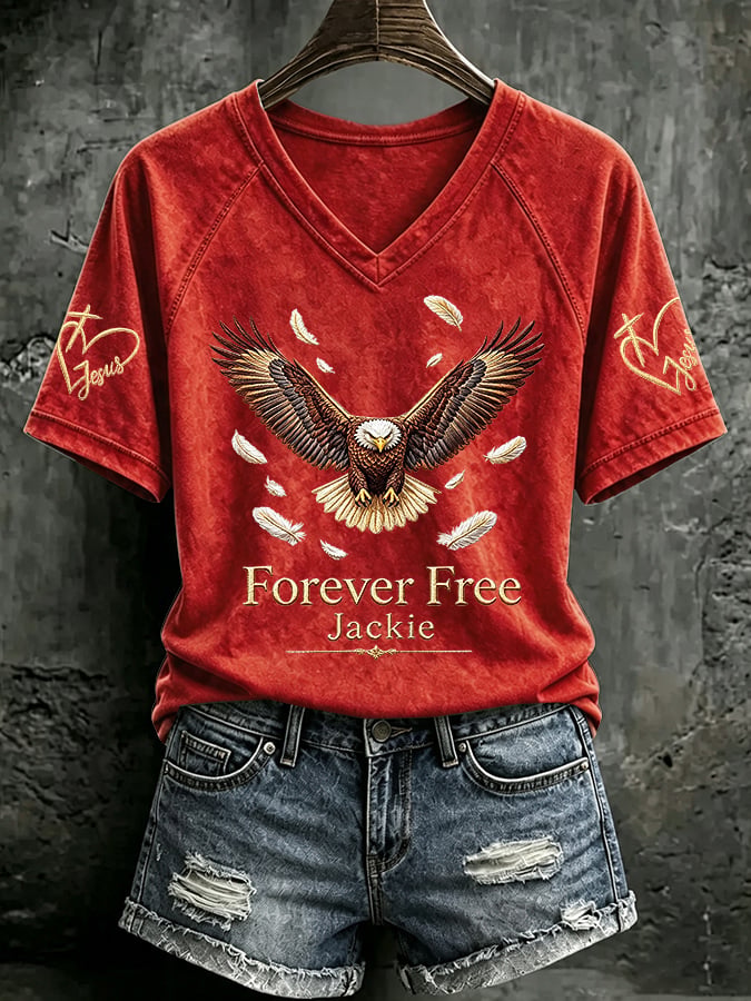 V Neck Retro Forever Free Jackie Print T-Shirt
