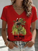 V-Neck Retro Big Bear Discovery Center Jackie And Shadow Print T-Shirt