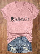 V-neck The Hillbilly Cat Print T-Shirt
