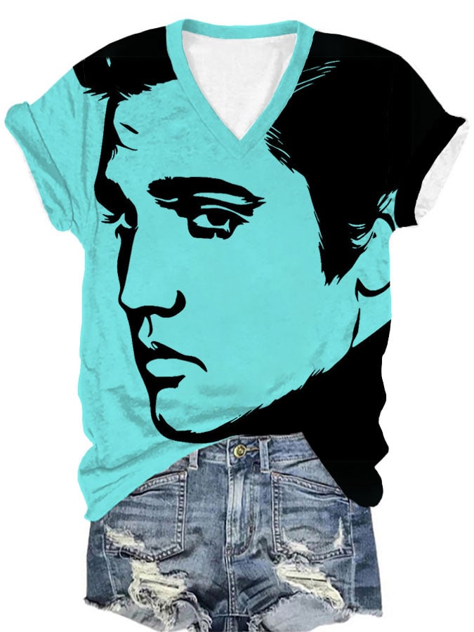 Women's Retro Music Star Print V-Neck T-Shirt