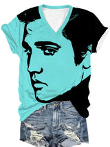 Women's Retro Music Star Print V-Neck T-Shirt