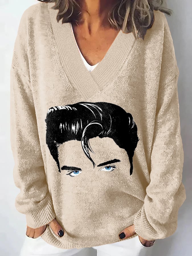 V-Neck Retro King Of Rock Roll Print Sweater