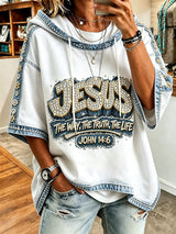 Women's American-Style Rhinestone Patchwork Denim Print Hoodie