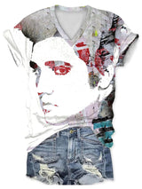V-Neck Retro King Of Rock Roll Painting Print T-Shirt