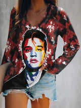 V-neck King Of Rock Roll Print T-Shirt