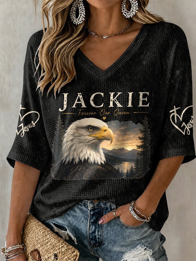 V-Neck Retro Jackie Forever Our Queen Print T-Shirt