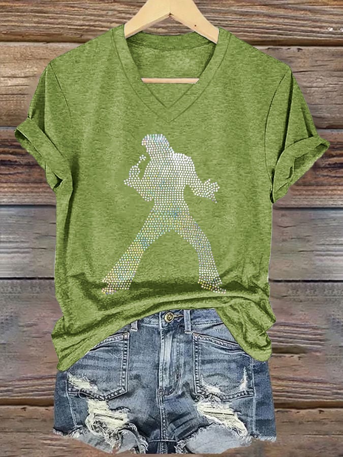 V-neck Retro King Of Rock Roll Print T-Shirt