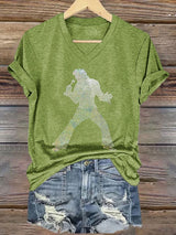 V-neck Retro King Of Rock Roll Print T-Shirt